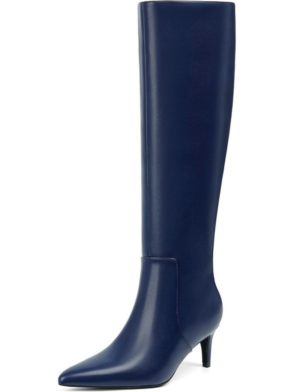Women's Blue Faux Leather Stylish Pointed Toe Low Kitten Heel Knee High Boots